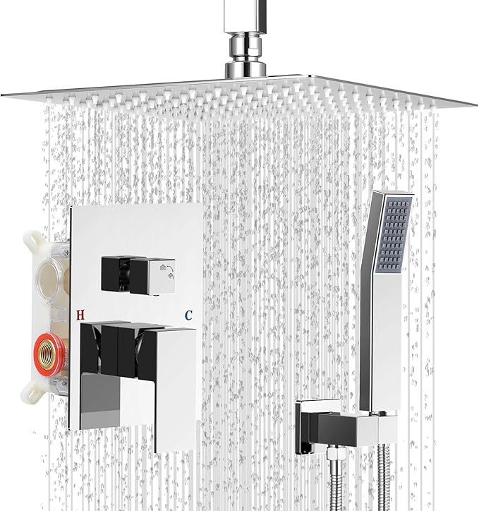 IUERASD Ceiling Mount Shower Faucet Set Square Showerhead Bathroom Rainfall Shower System Stainless Steel Shower Trim Kit 10 Inches (Chrome)