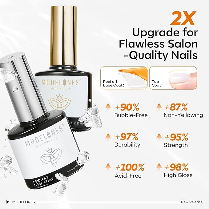Modelones Peel Off Base Coat and Gel Top Coat Set, 2 Pcs No Wipe Clear Top Gel Nail Polish and Peelable Practice Base Easy Removal, Nail Art Manicure DIY Gift for Weak Thin Nails Beginner Women 10ml