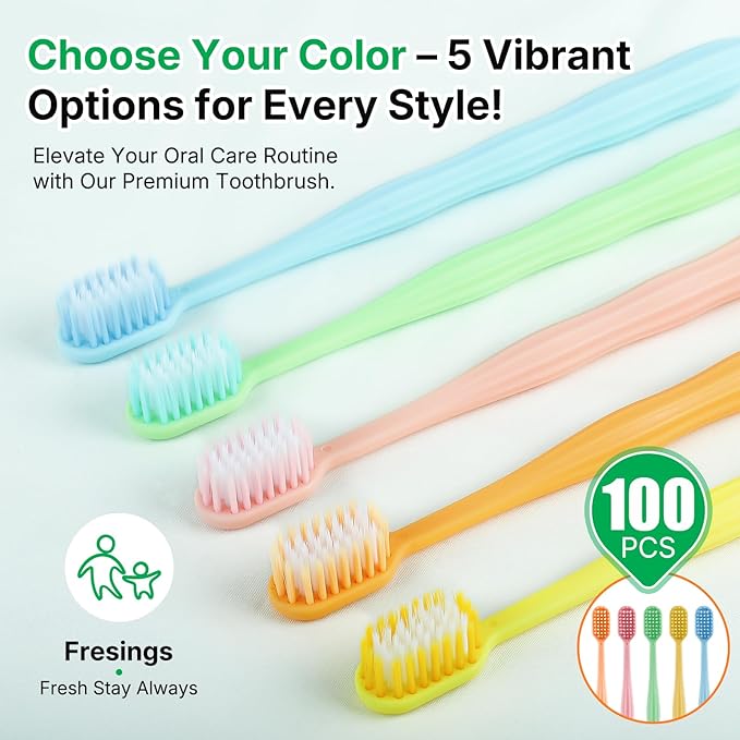 100-Pack Premium Bulk Disposable Toothbrushes, Individually Wrapped, Soft Bristles, Peanut Grip Handle for Travel, Guest Bathroom, Hotel & Emergency Kits, Family, Kids & Adults, Single Use