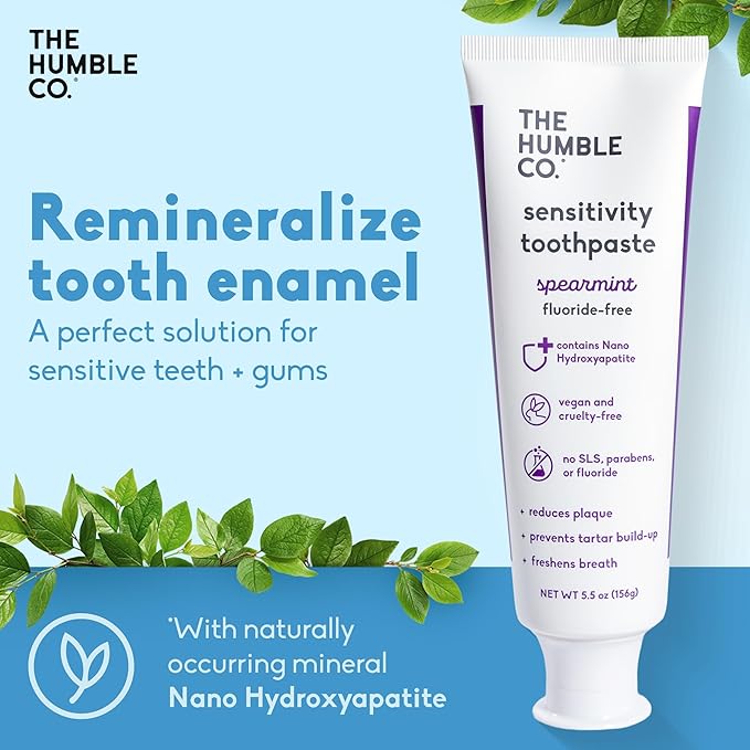 The Humble Co Fluoride-Free for Sensitive Teeth Toothpaste, Spearmint - Toothpaste with Xylitol & Nano Hydroxyapatite for Adults - SLS Free Dental Oral Care & Hygiene - 2 Pack