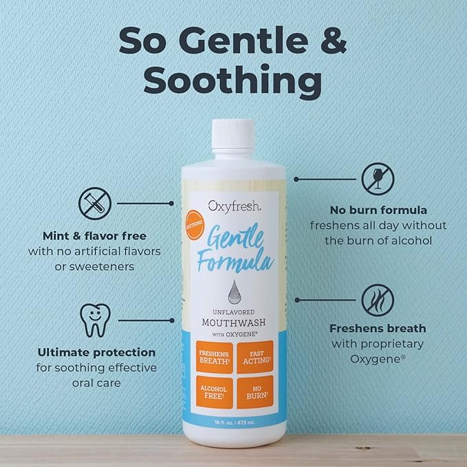 Oxyfresh Gentle Formula Unflavored Mouthwash for Adults – Ultra Sensitive Gums & Teeth – Non Mint, Zero Alcohol, Flavor Free – Fresh Breath. 16 oz (Pack of 2)