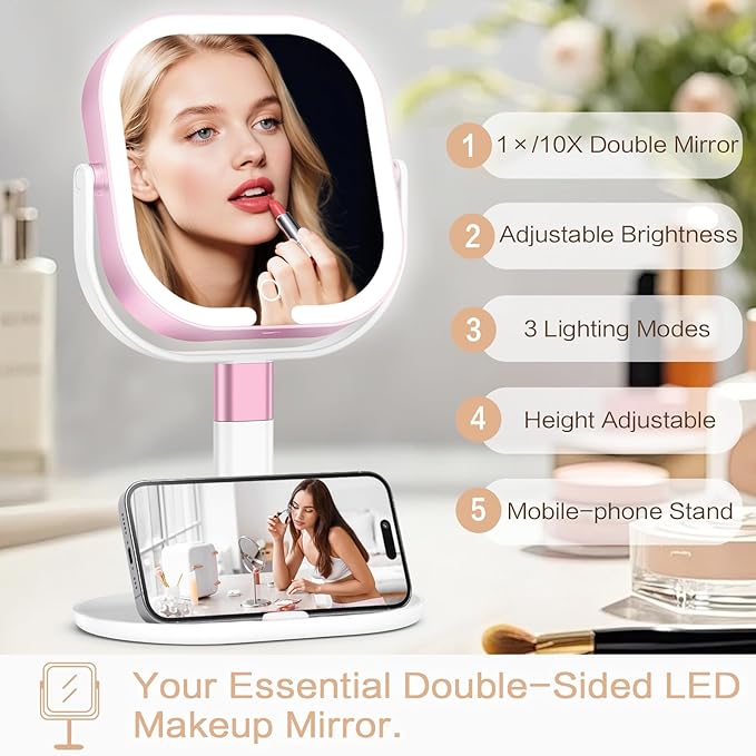 Makeup Mirror with Lights, 1X/10X Magnifying Vanity Mirror with 3 Colors, 2000mAh Rechargeable Double Sided Magnifying Mirror, Height Brightness Adjustable, 360° Rotation Vanity（Rose）