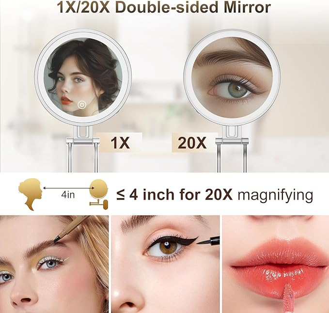 Travel Makeup Mirror with Lights,3000mAh Rechargeable 1X/20X Magnifying Mirror with Light, 7" Portable Lighted Beauty Mirror, Make Up Mirrors with 3 Light Colors, Dimmable Tabletop Handhold Hanging