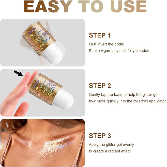 Roll-on Holographic Body Glitter Gel for Body, Hair, Face, Chameleon Color Changing Glitter Gel Under Light, Chunky Mermaid Sequins Festival Party Rave Accessories Shimmer Makeup (Champagne)
