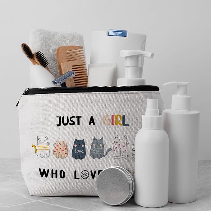 CLHHM Just A Girls Who Loves Cats Makeup Bag for Women Girls Cute Cat Themed Cosmetic Bag for Travel Storage Toiletry Funny Cat Lover Gift for Birthdays Christmas Ideal for Moms Daughters Friends