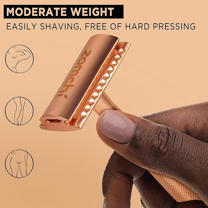 ZOMCHI Safety Razor for Men&Women with 5 Double Edge Safety Razor Blades, Double Edge Razor, Reusable Razor, Plastic Free – Rose Gold