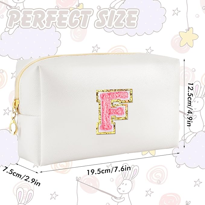 URSKYTOUS Initial Makeup Bag Personalized Preppy Travel Small Cosmetic Bag Cute PU White Chenille Letter Makeup Pouch for Purse Waterproof Zippered Toiletry Organizer for Women Girls Kids Friends (F)