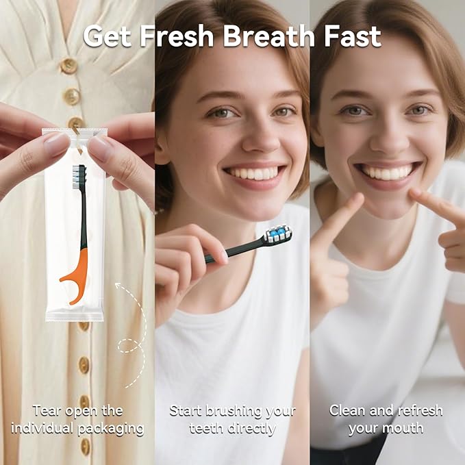 24Pack Disposable Toothbrushes with Toothpaste + Pick + Floss + Tongue Scraper 5-in-2 Mini Prepasted Travel Toothbrush for Hotel Camping Flight Car Single Use Portable Individually Wrapped | Mint