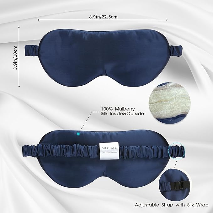 SILKTALE Mulberry Silk Blackout Adjustable Sleep Eye Mask for Men/Women Travel Plane,Navy Blue