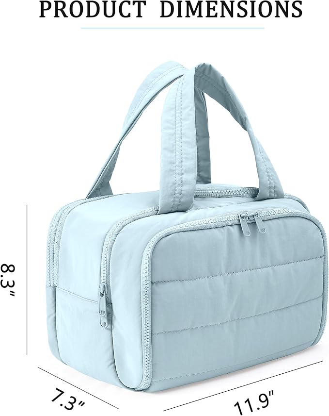 BUZFOWU Travel Toiletry Bag for Women, Large Wide-open Puffy Cosmetic Makeup Bag with Wet-Dry Separation, Multi-Pocket Organizer with Carry Handle for Toiletries, Cosmetics, Essentials, Light Blue