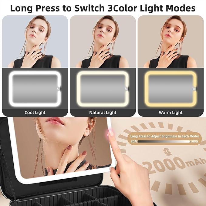 JJhxr 15''X11'' Makeup Bag with Removeable Lighted Mirror, Travel Makeup Case with 3 Color Lights Dimmable Brightness, Large Capacity Cosmetic Organizer Case with Detachable Dividers & Shoulder Strap