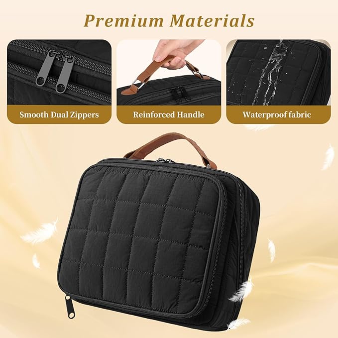 MOKURA Travel Makeup Bag for Women, Large Capacity Standing Make up Pouch, Quilted Waterproof Cosmetic Organizer with Jewelry Compartments, Portable Toiletry Case, Gifts for Women, Black