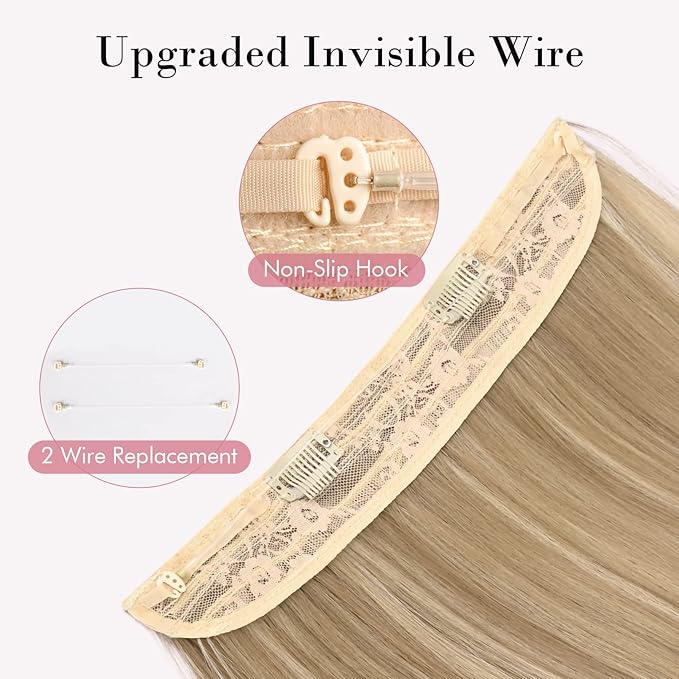 REECHO Invisible Wire Hair Extensions with Transparent Headband Adjustable Size Removable Secure Clips in Straight Secret Hairpiece for Women (Pack of 1), Ash Brown with Light Blonde Highlights)