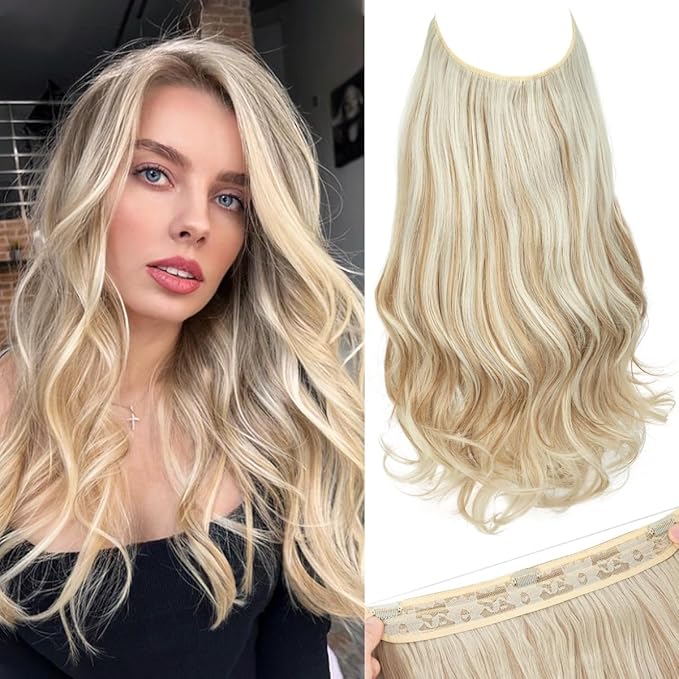 SARLA Invisible Wire Hair Extensions with 3 Clips Long Wavy Curly Synthetic Hairpiece for Women Adjustable Transparent Headband 22 Inch Sunny Blonde