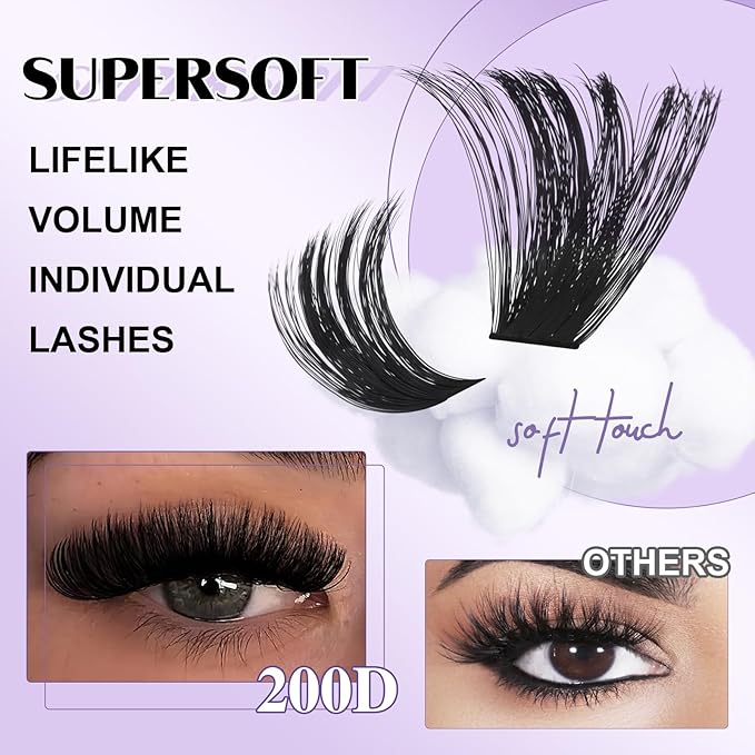 B&Q Fluffy Lash Clusters Thick 200D, Volume Eyelash Clusters 10-18mm, D Curl Cluster Eyelash Extensions, Supersoft Individual Lashes Wispy Cluster Lashes Dramatic Full Look Eyelash（200D）