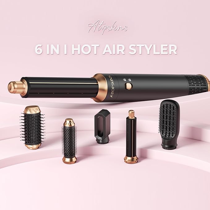 6 in 1 Hair Dryer Brush, Detachable Air Styler, Blow Dryer Brush 3 Heat Settings Frizz-Free Drying, Volumizing, Straightening, Curling for Travel & Home Styling (Pink-Black)