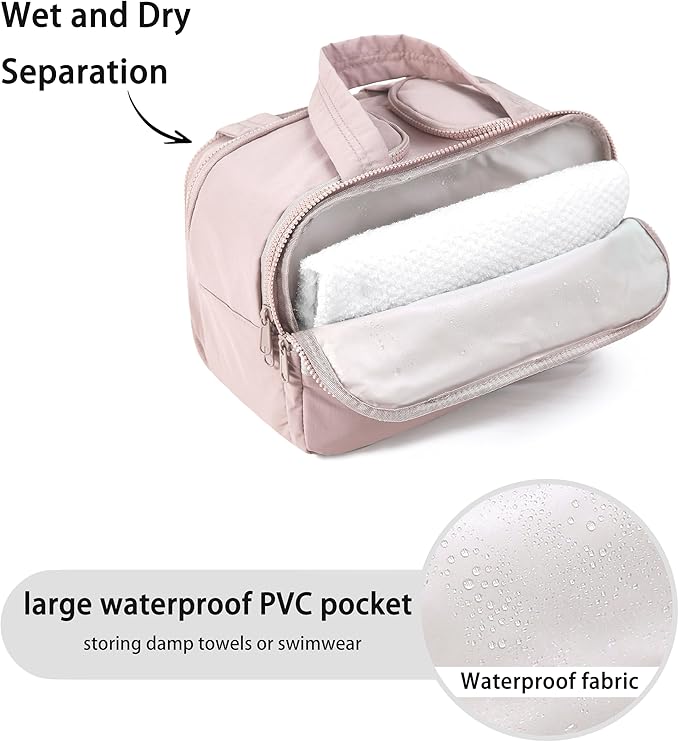 BUZFOWU Travel Toiletry Bag for Women, Large Wide-open Puffy Cosmetic Makeup Bag with Wet-Dry Separation, Multi-Pocket Organizer with Carry Handle for Toiletries, Cosmetics, Essentials, Light Pink