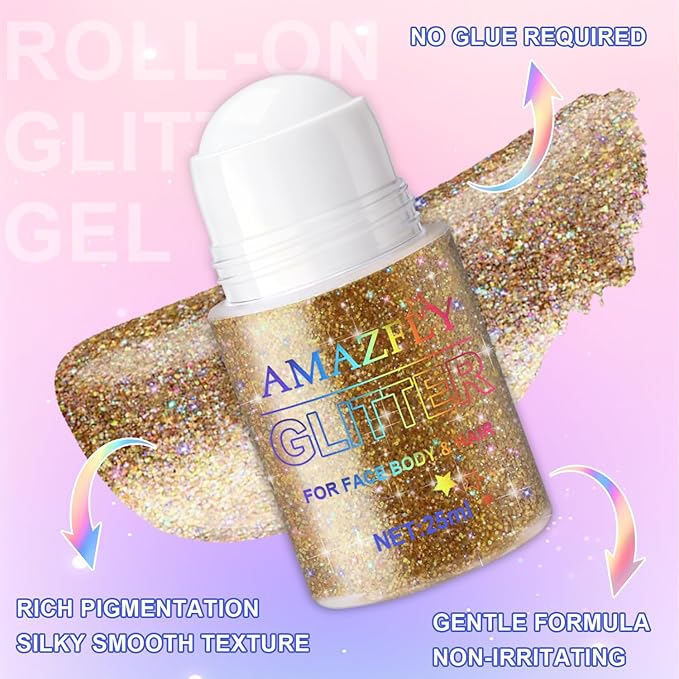 Roll-on Holographic Glitter Gel for Face & Hair, Sparkling Pink Shimmer Makeup, Color Changing Body Glitter for Festivals, Parties & Halloween, Chunky Mermaid Sequins Body Shimmer for Women(Champagne)