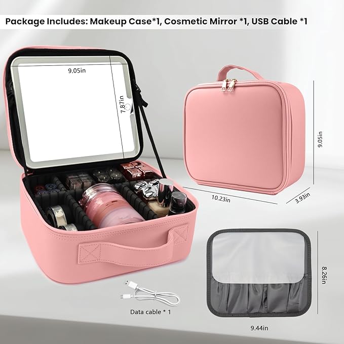 SUILU Travel Makeup Bag with LED Mirror Makeup Case with Light Up Mirror Portable Cosmetic Brush Organizer Bag with Adjustable Dividers for Cosmetics Makeup Brushes Toiletry (Pink)