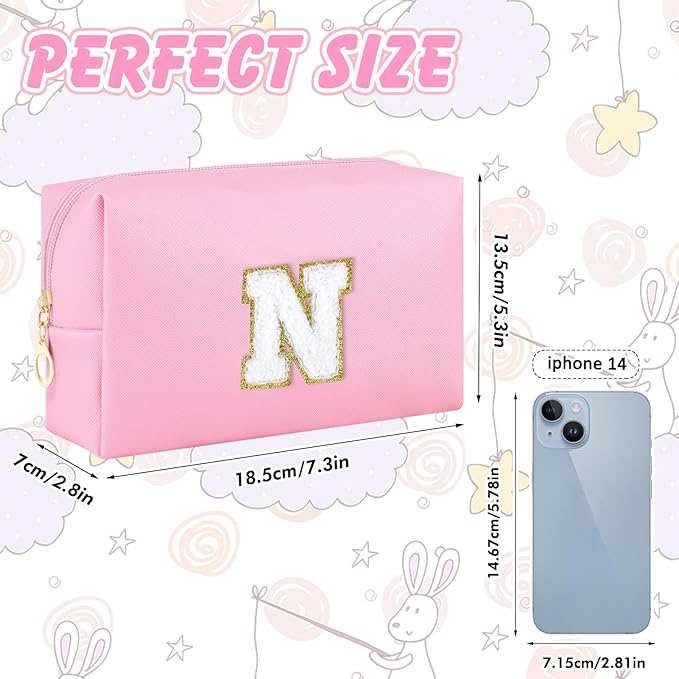 URSKYTOUS Initial Makeup Bag Personalized Preppy Travel Small Cosmetic Bag Cute PU Pink Chenille Letter Makeup Pouch for Purse Waterproof Zippered Toiletry Organizer for Women Girls Kids Friends (N)