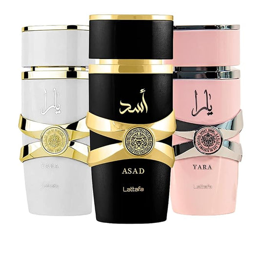 Lattafa for Unisex 3 Piece Eau de Parfum Gift Set (Yara for Women + Yara Moi for Women + Asad for Men) 3.4 Ounce/100 ml each