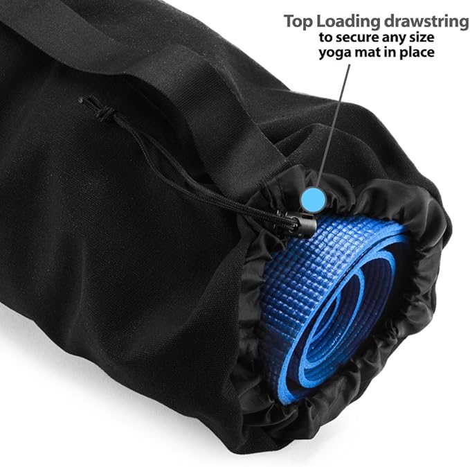Masaya Namaste Large Yoga Mat Bag - Fits Exercise Mats, Drawstring Carrier for Men Women, Long Breathable Canvas Sling, Deep Front Pocket Zipper, Secret Storage, Adjustable Shoulder Strap