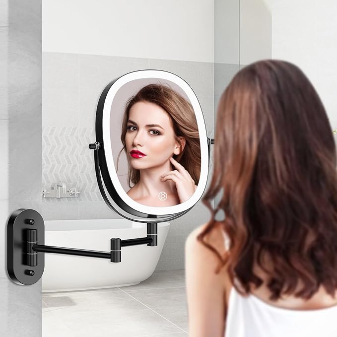 FUNTOUCH Wall Mounted Makeup Mirror with Light, Oval Rechargeable Double-Sided 7X/1X Magnifying Mirror, Vanity Mirror Dimmable 3 Color Light, 360° Extension Rotation Foldable 13.5 in