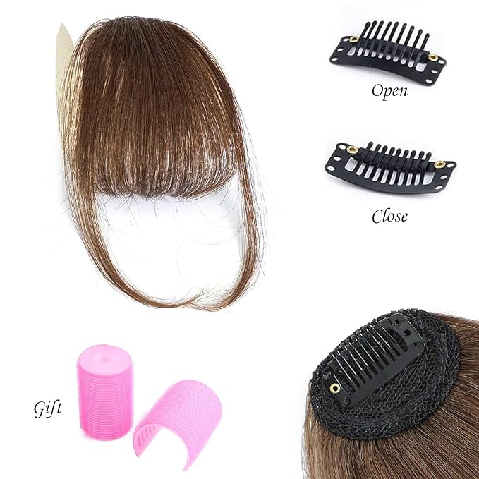 Clip-In Wispy Bangs with Temples -100% Human Hair Bangs Extension for Women, Natural Looking Front Hairpiece for Daily Wear, Light Brown