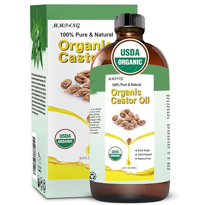 Organic Castor Oil for Body, Hair & Lashes Brow, USDA Certified 100% Pure Natural Glass Bottle, Cold Pressed, Hexane Free. Castor Oil for Hair Growth, Thicker Fuller Brows, 16.9oz