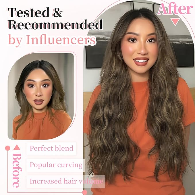 KooKaStyle Clip in Synthetic Hair Extensions Long Wavy 4PCS Thick Hairpieces Balayage Chocolate Brown to Caramel Blonde 10H26 Fiber Double Weft Natural Hair Extensions 16 Inch for Women