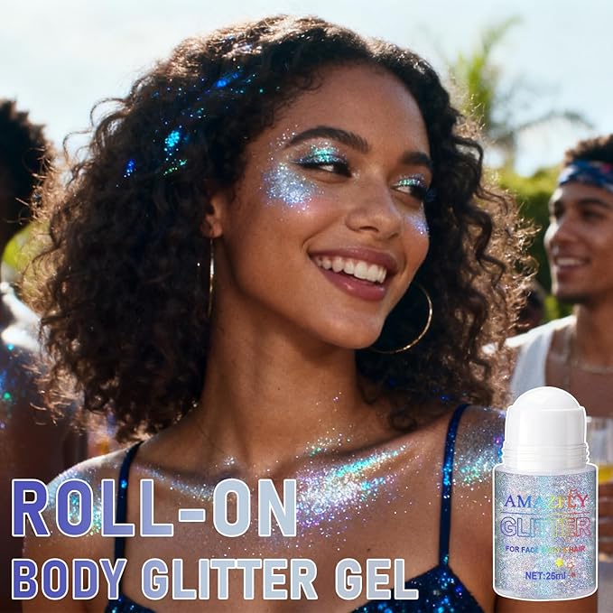 1PC Roll-on Holographic Body Glitter Gel for Body, Hair, Face, Chameleon Color Changing Glitter Gel Under Light, Chunky Mermaid Sequins Festival Party Rave Accessories Shimmer Makeup (Glint-Rainbow)