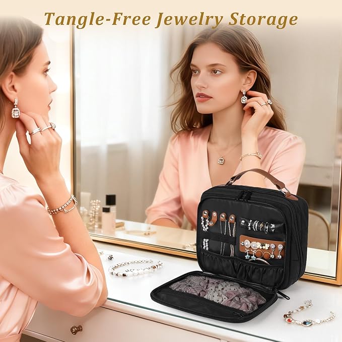 MOKURA Travel Makeup Bag for Women, Large Capacity Standing Make up Pouch, Quilted Waterproof Cosmetic Organizer with Jewelry Compartments, Portable Toiletry Case, Gifts for Women, Black