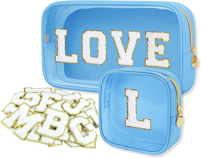 GODEAGLE 2PCS Personalized Preppy Makeup Bag Set, Small Makeup Pouch & Large Cosmetic Bag, Premium 26 Chenille Letters, Cute Skincare Bag, Birthday Gifts for Girls Woman (Blue)