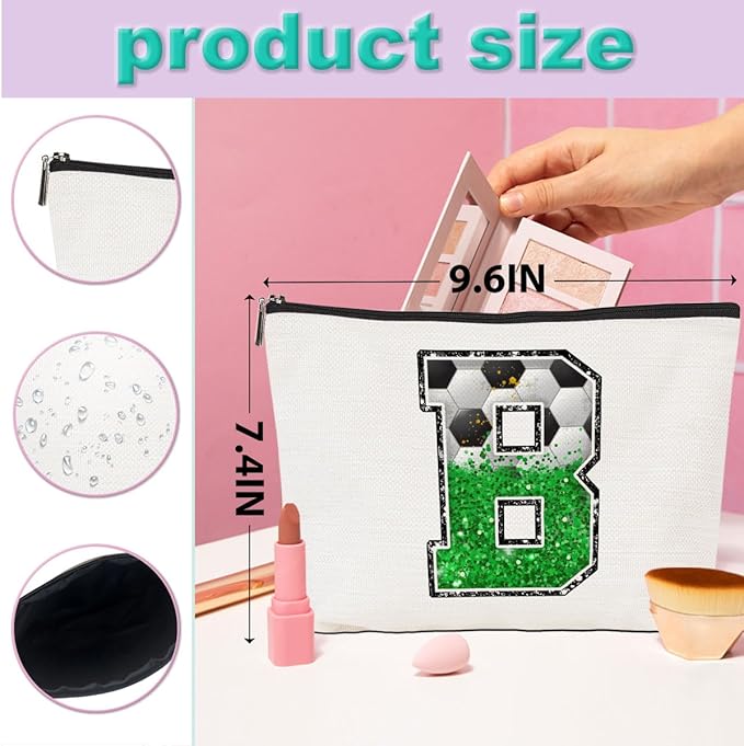 CQM Soccer Gifts Initial Makeup Bag Monogrammed Cosmetic Bag Letter B Zipper Pouch Soccer Accessories for Girls Women Player Coaches Friend Stuff Graduation Birthday Gifts