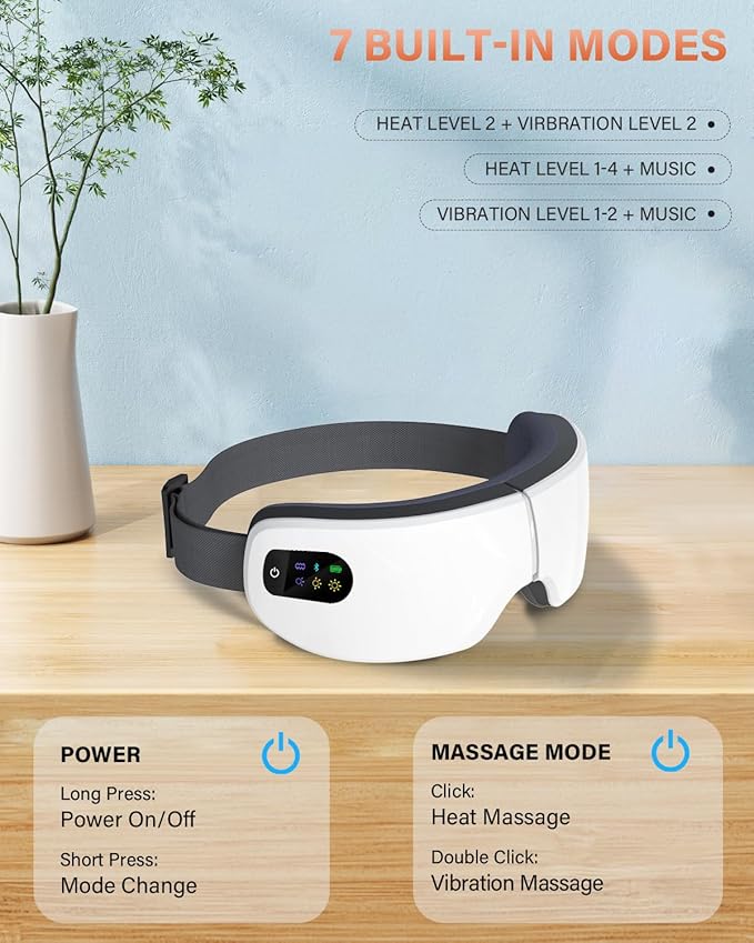 ZZR SEVEN Eye Massager with Heat, 7 Massage Modes, Eye Mask, Birthday Gifts for Women, Men, Friend, Mom and Dad, Sleep Mask for Relax, Migraine Relief, Reduce Strain, Improve Sleep, White