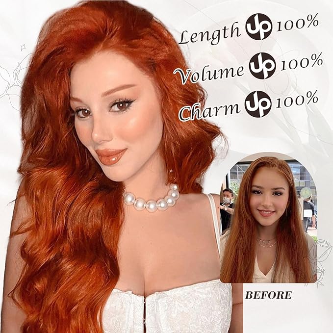BARSDAR Copper Red Hair Extensions - 20 Inch Wavy Clip in for Women - 6PCs Full Head Thick Soft Synthetic Hairpieces for Daily Party Halloween