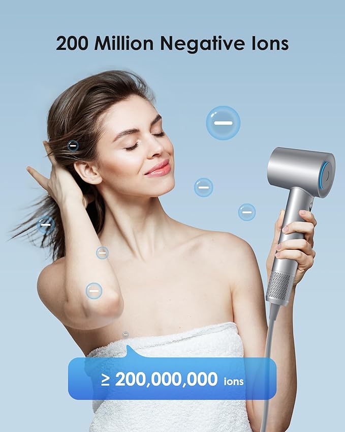Hair Dryer, zhiyangfei Negative Ion Blow Dryer, 110, 000 RPM Brushless Motor, 3 Heat Settings, 360° Rotating Magnetic Nozzle, High-Speed Low Noise Hair Dryer for Home and Trave (Silver Blue)