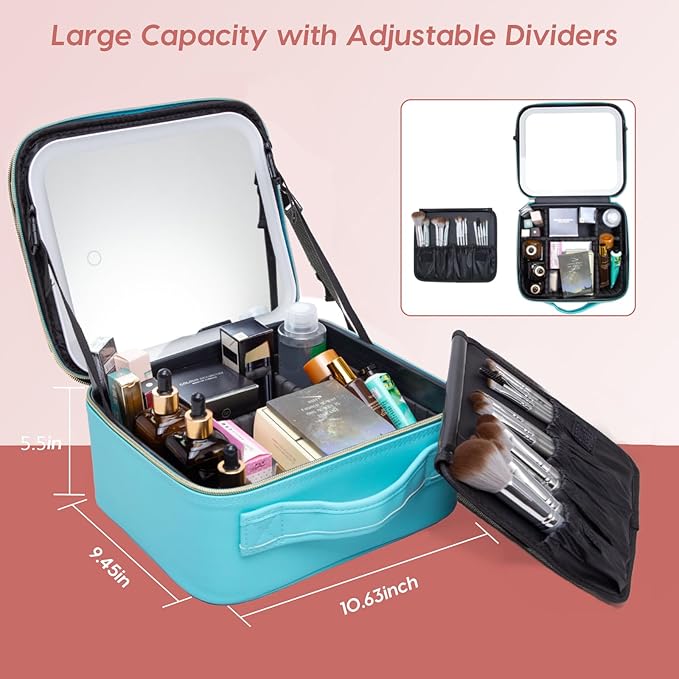 Gdsshuhung Makeup Bag with Mirror | Partitionable Professional Makeup Organizer | Large Travel Makeup Bag for Women | Cosmetic Case for Daily & On-the-Go Use (Lake Blue)