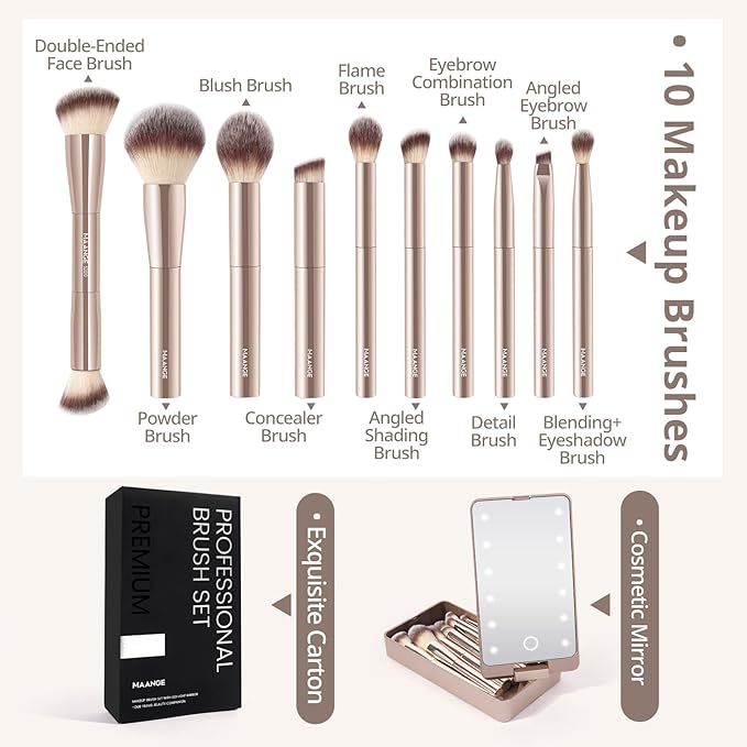 MAANGE Makeup Brush Set 10 Pcs Travel Makeup Brushes Double-ended Kabuki Brush for Foundation Powder Concealers Eye Shadows Makeup Tools Set with LED Light Mirror (Gold)