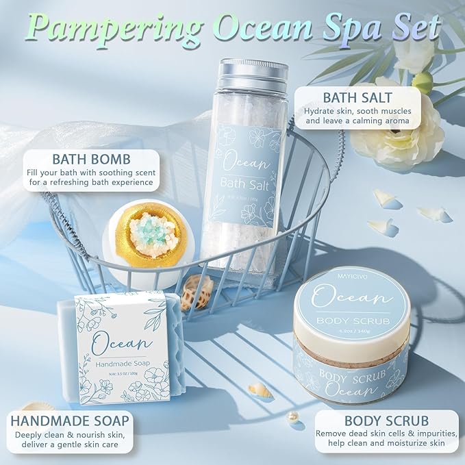 Spa Gifts for Women Bath Gift Set, Ocean Relaxing Spa Gift Baskets Home Bath Set Self Care Kit Care Package Thank You Birthday Valentines Day Gifts for Her Women Mom Friends Sister Teen Girls Wife