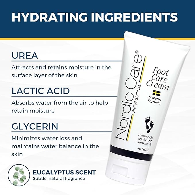 Nordic Care Foot Care Cream - Repairs and Hydrates Dry and Cracked Heels, 10% Urea Cream Treats Severely Dry Feet, Cracked Heels & Callus Removal, Hypoallergenic & Lanolin-free | 6 Oz (Pack of 6)