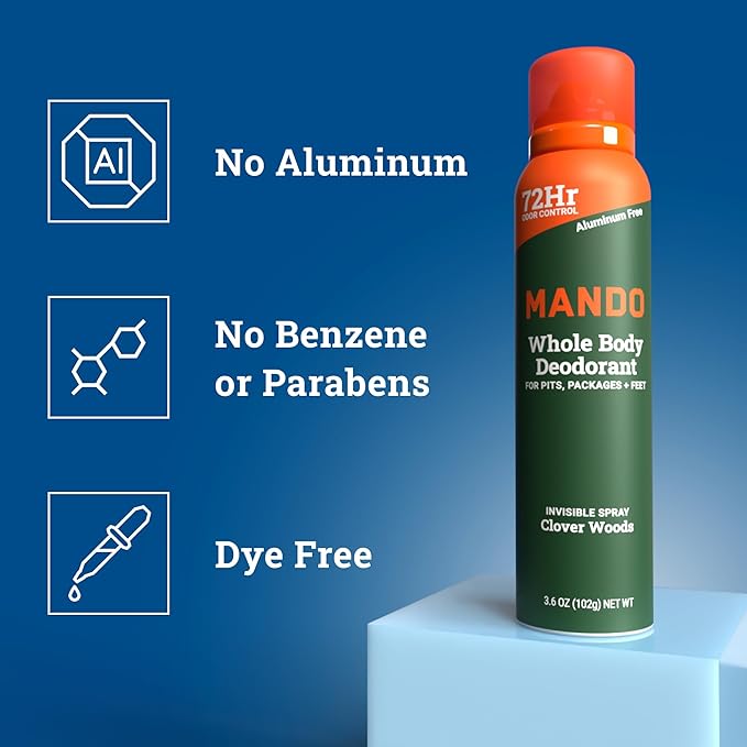 Mando Whole Body Deodorant For Men - Invisible Spray Deodorant - 72 Hour Odor Control - Low Irritation Formula - Aluminum Free, Benzene Free - 3.6 ounce Can - Clover Woods