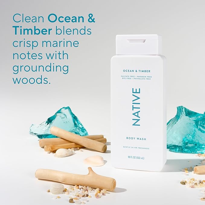 Native Body Wash Contains Naturally Derived Ingredients | For Women & Men, Sulfate, Paraben, & Dye Free Leaving Skin Soft and Hydrating | Ocean & Timber 18 oz