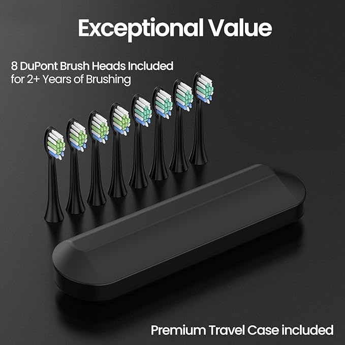 YUNCHI Electric Toothbrush Birthday/Valentine Plastic 8 Heads 24-Mo Deep Cleans Gentle Gums Removes Stains 3Hr USB-C 90d 2-Min Timer/30s IPX7 - Black