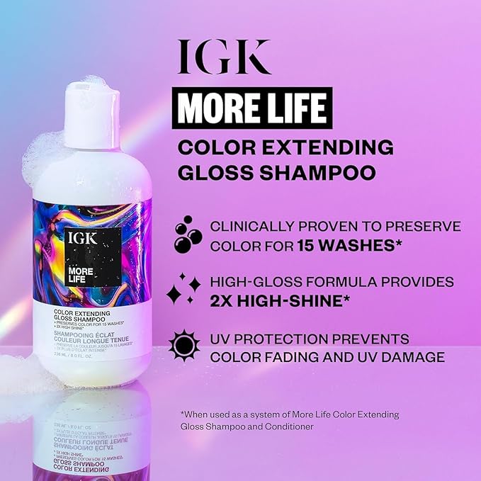 IGK MORE LIFE Color Extending Gloss Shampoo & Conditioner Set | Preserves Color + Enhances Shine | UV Protection | Vegan + Cruelty-Free | 8 oz (Pack of 2)