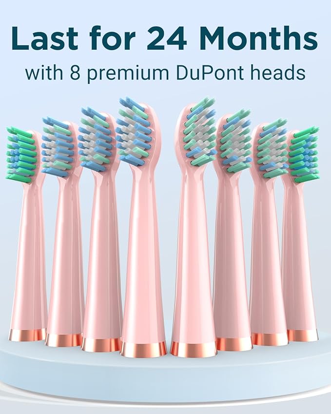 Rtauys M5 Sonic Electric Toothbrush for Adults and Kids - Rechargeable Electric Toothbrush Kids Ages 12+ and Adults with 8 Brush Heads & Travel Case, 120 Days Battery Life - Pink