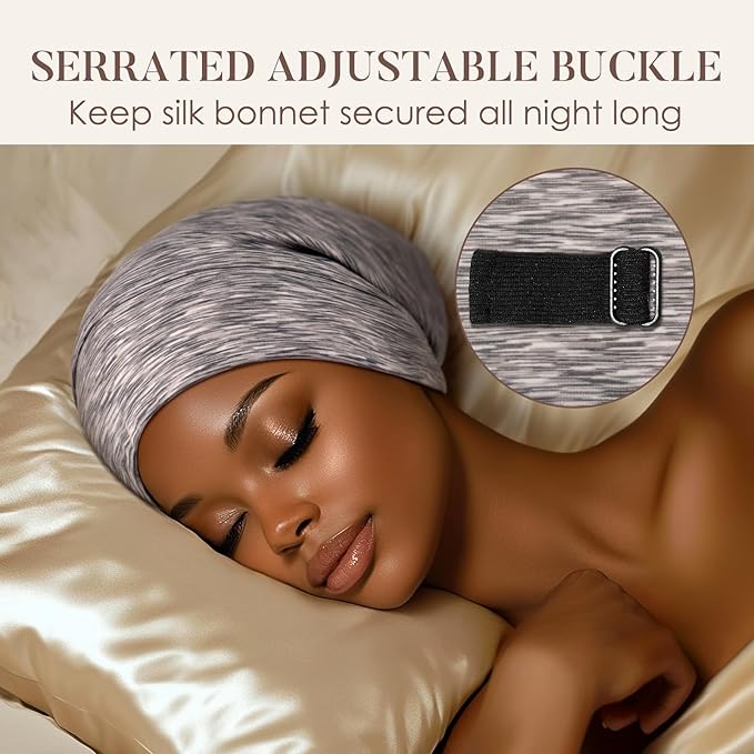 LULUSILK 100% Mulberry Silk Lined Sleep Cap, Adjustable Silk Hair Wrap for Sleeping, Assorted Color Light Grey