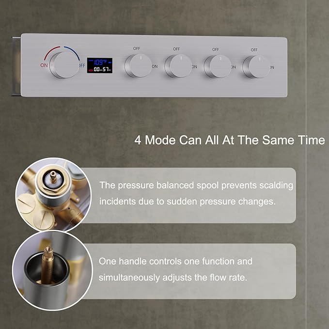 KATAIS Brushed Nickel Shower System with Digital Temperature Display, 16x24 inch Ceiling Shower(Rain&Waterfall Modes), with 6 PCS Body Jet and Handheld Spray