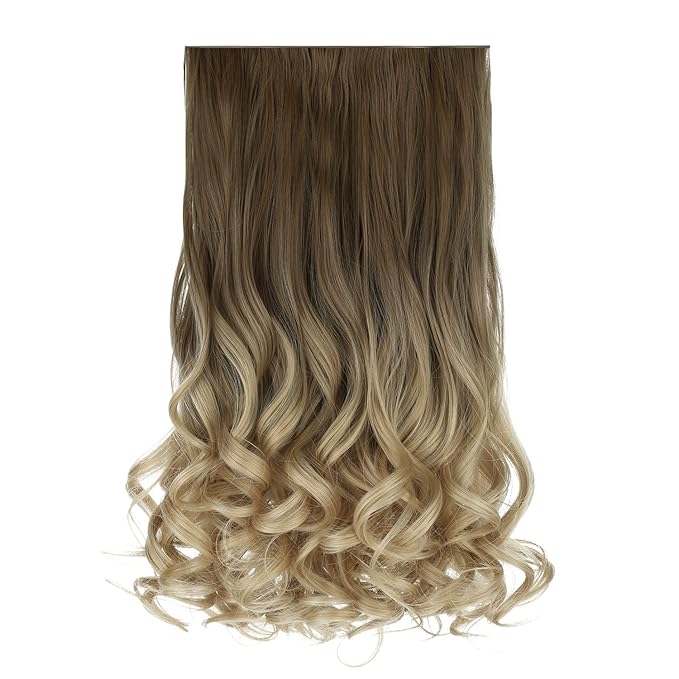 REECHO 20" 1-pack 3/4 Ombre Full Head Curly Wave Clips in on Synthetic Hair Extensions HE008 Hair pieces for Women 5 Clips 4.5 Oz Per Piece - Ombre Light Brown to Dirty Blonde