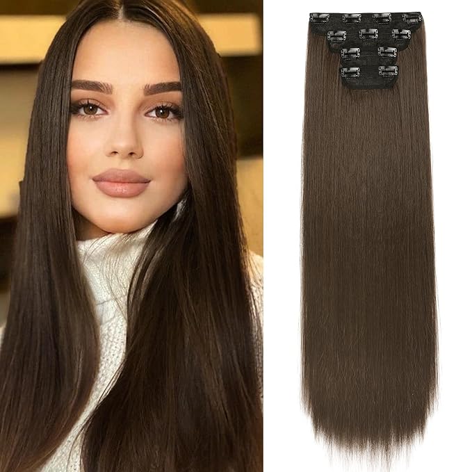 REECHO Brown Hair Extensions, 4PCS Clip in Hair Extensions, 24" Thick Long Straight Hairpieces for Women, Light Chocolate Brown